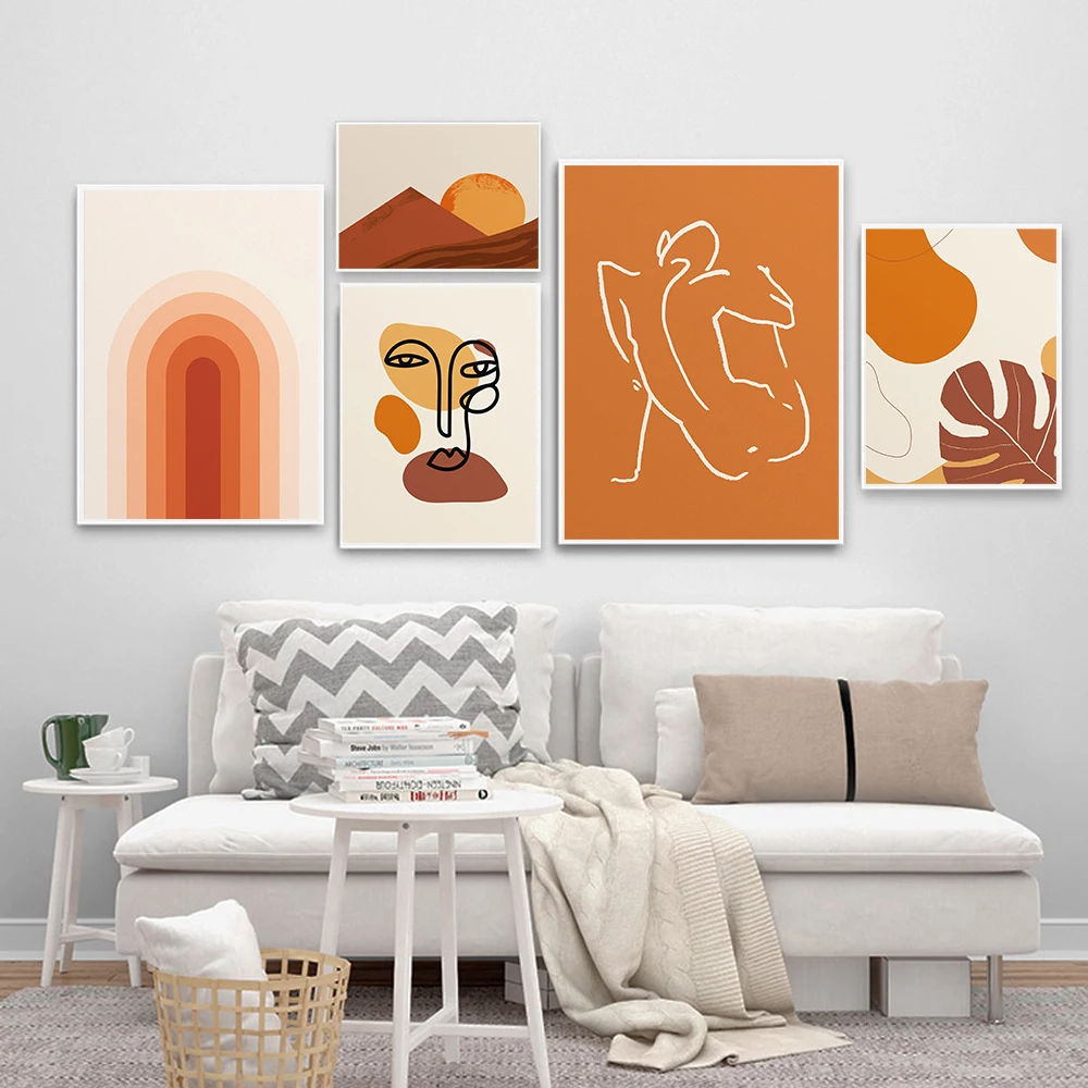 

Boho Abstract Shapes Line Print Poster Earth Tone Terra Cotta Canvas Painting Burnt Orange Wall Art Pictures Living Room Decor