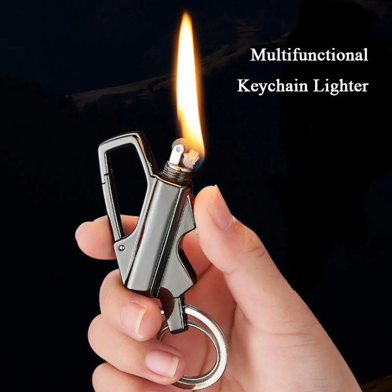 

Metal Torch Lighter Flint Fire Starter Cool Kerosene Keychain Lighter Gasoline Survival Fire Gadgets For Men Beer Bottle Opener