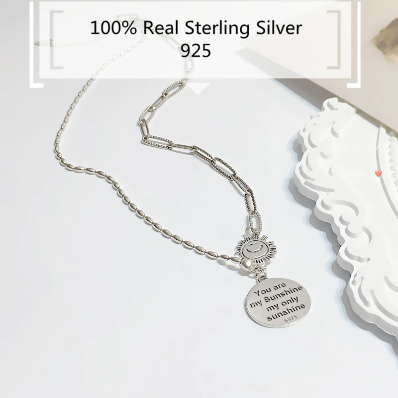 

100% Silver 925 Jewelry For Girl Gift You are My Sunshine Love Letter Pendant Korean Handmade Sunny Necklace Collares Para Mujer