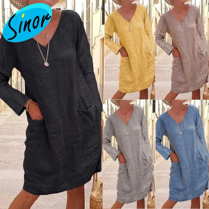 [Низкая цена] 2020 осенне-зимнее свободное однотонное платье с карманами и длинным