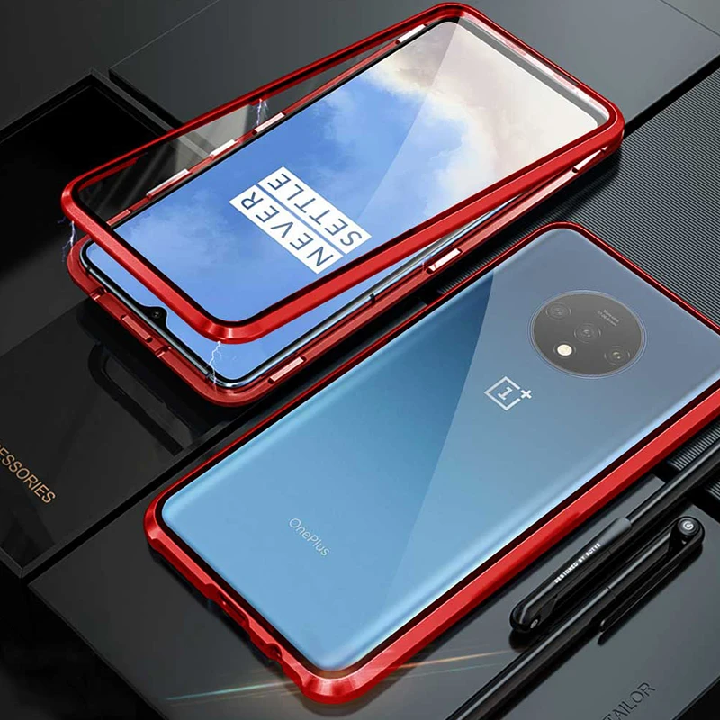 Красный Natrberg Магнитный чехол для Oneplus 7 T чехол металлический 360 полный двойной закаленное Стекло жесткая задняя панель на Oneplus One Plus 7 T чехол - Цвет: Красный