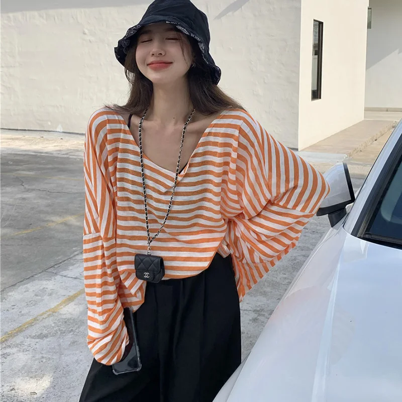 

See-Through Sexy Striped T-Shirt Women's Sun Protection Shirt Oversized Round Neck Mid-Length Loose Long-Sleeved Blouse