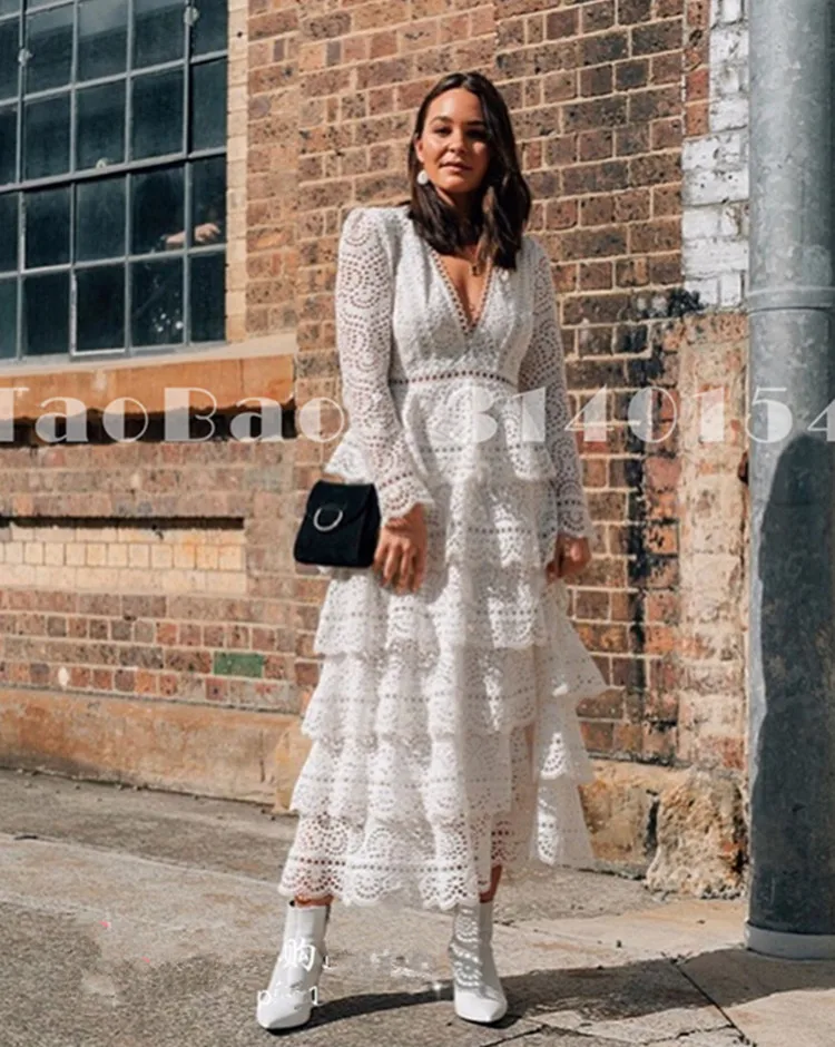 

boho dress maxi chic White lace loose fashion Hollow long sleeve Fashion long dress bohemian sukienka boho vestido woman robe