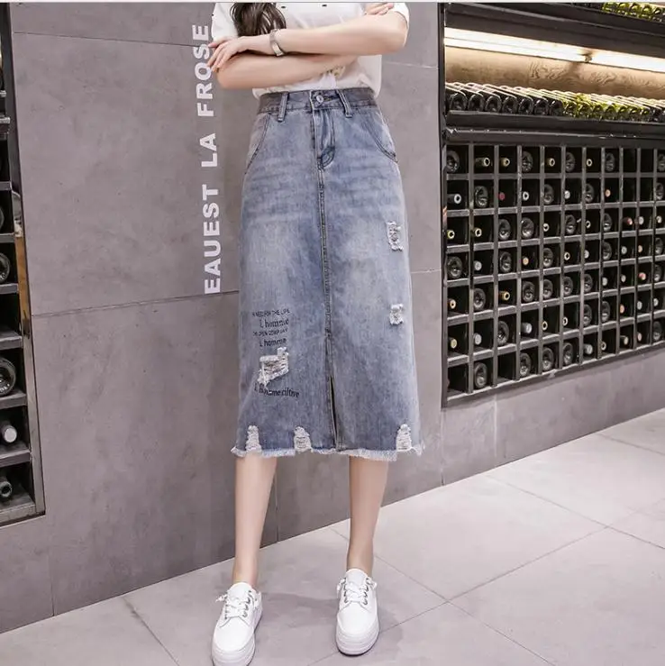 Трапециевидная рваная джинсовая юбка Shkirts женская с высокой талией и разрезом