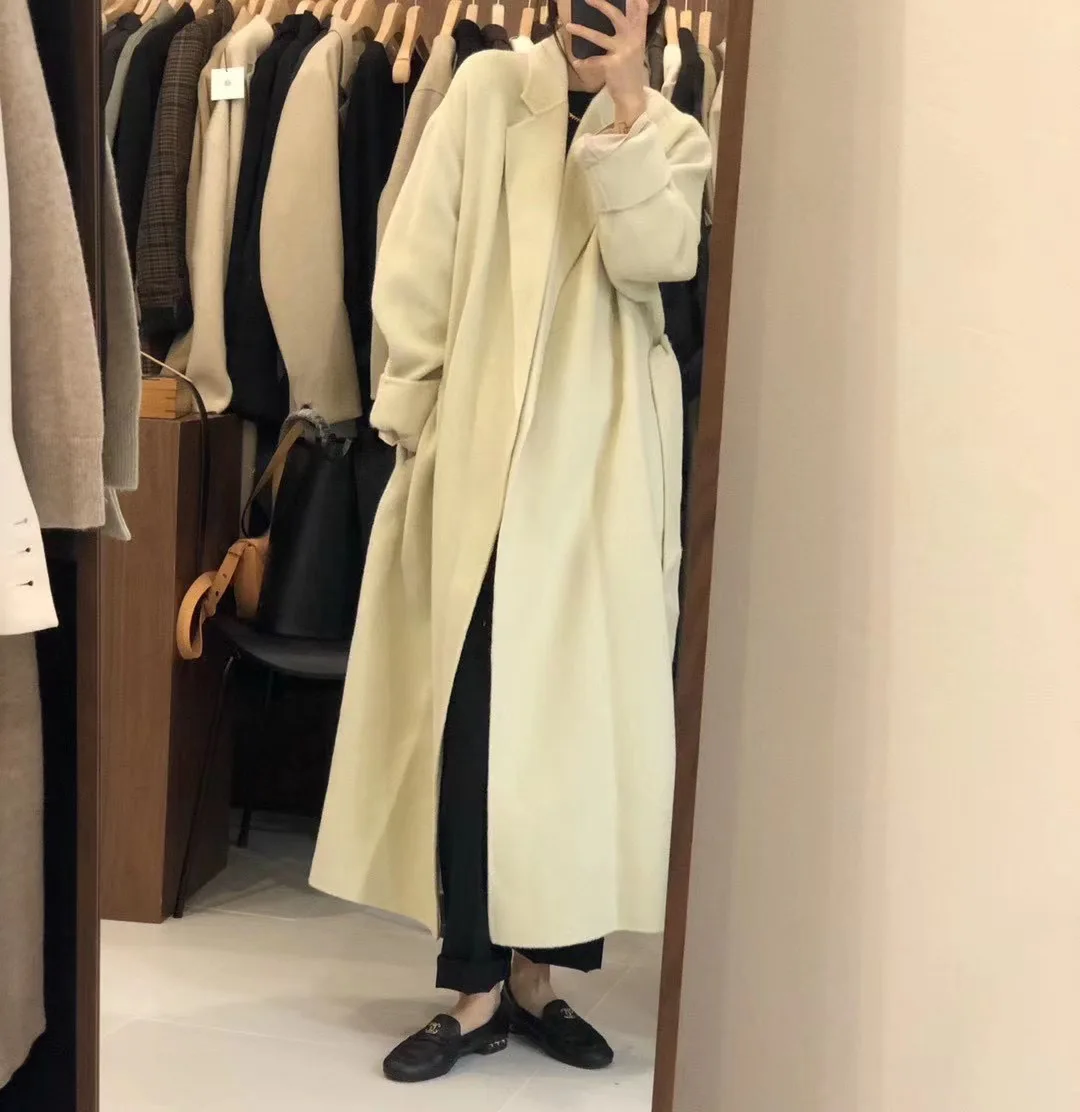 

Women Winter Turn Down Collar Long Style Woolen Coat Slim Waist Black Trench Female