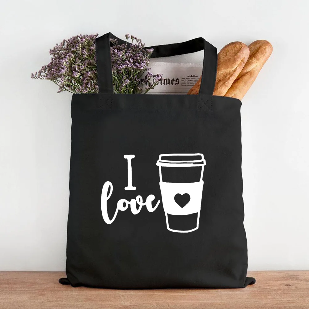 Холщовые сумки для покупок с принтом First Coffee черные женские тканевые на плечо