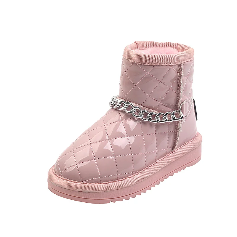 

Kid Chain Snow Boots Plush Patent Leather Boy Girl Slip On Shoes 2021 Winter Child Outside Warm Round Toes Walk Shoe Size 27-36
