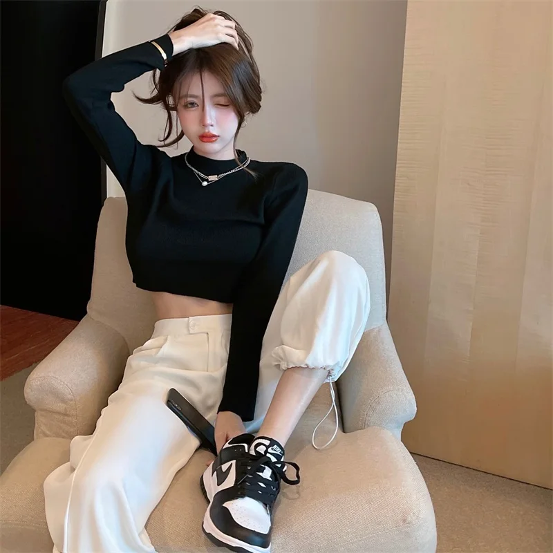 Women Autumn Winter Long Sleeve Knitted Sweater Femme Korean Style Short Tops Casual Solid Pullovers Basic Jumper | Женская одежда