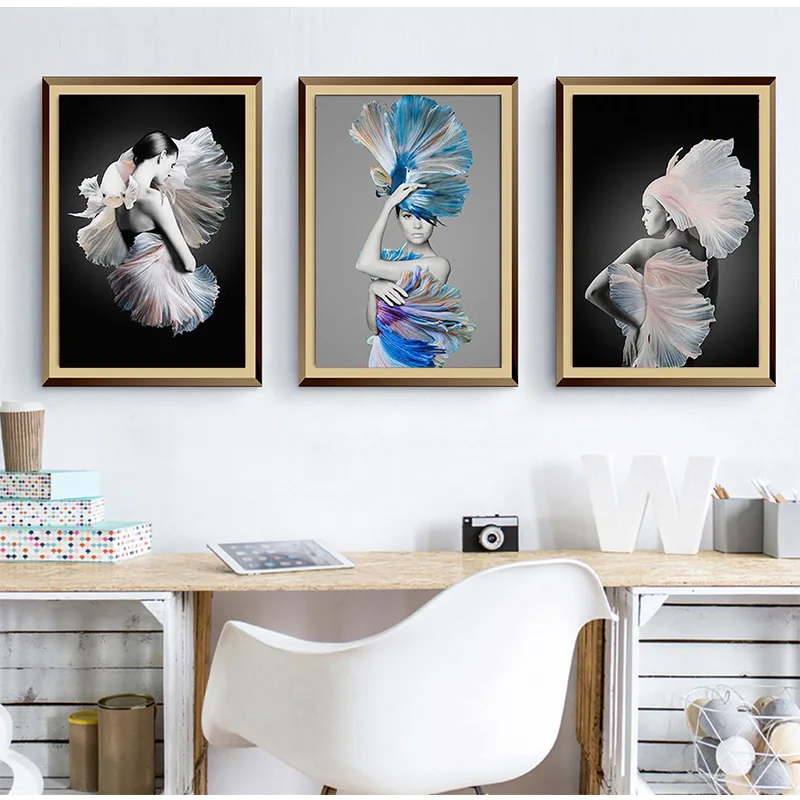 Модные женские портрет рыбий Ангел холст художественные картины принты