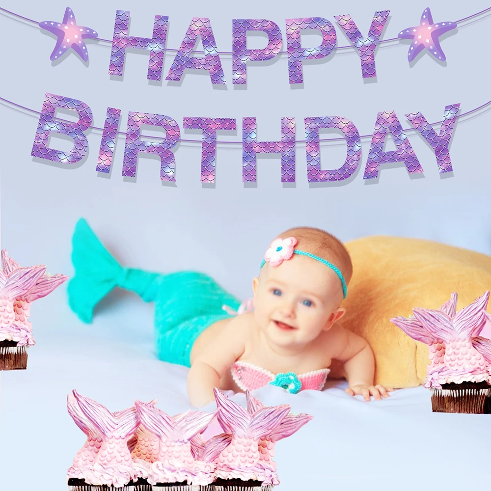 

Первая фиолетовая морская Русалка Оболочка Звезда Животное на день рождения буквенные бумажные подвесные баннеры для девочек украшения дл...