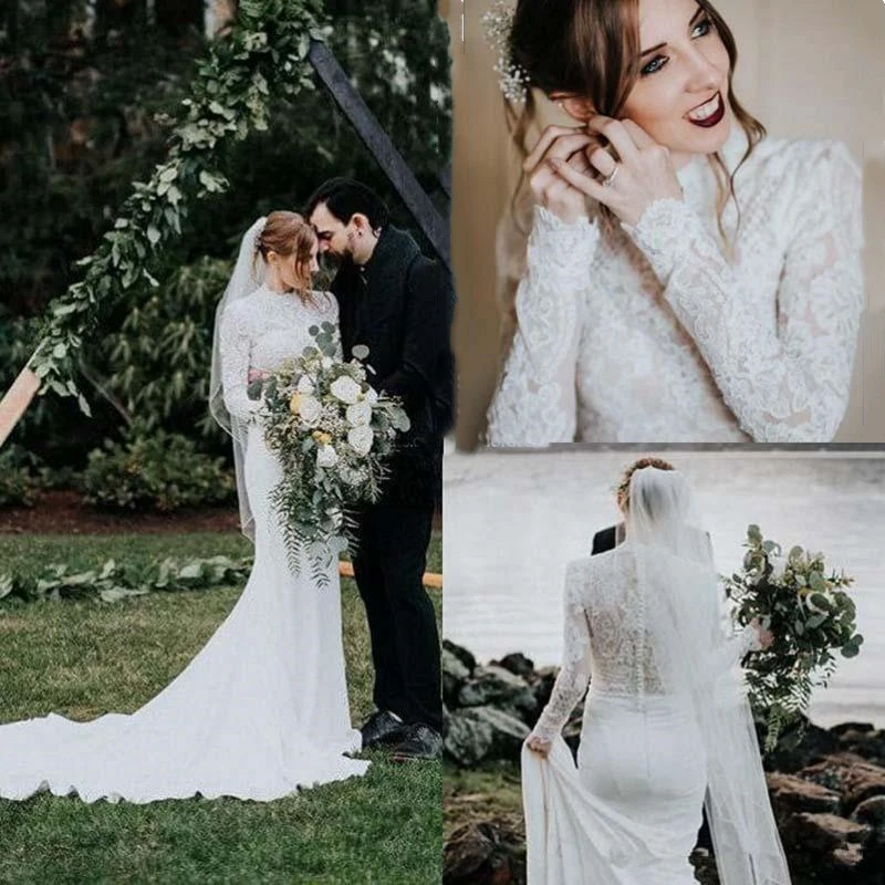 

Sexy Illusion Beach Wedding Dress Frence High Neck Long Sleeve Mermaid Country Lace Bridal Gowns Court Train Vestido de novia