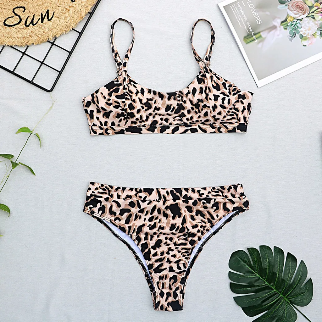 

Women Bandage Bikini 2pcs Set Push-up Animal Print Leopard High Waist Beach Swimsuit bandeau Padded Bra Bathing Suit Swimwear #4