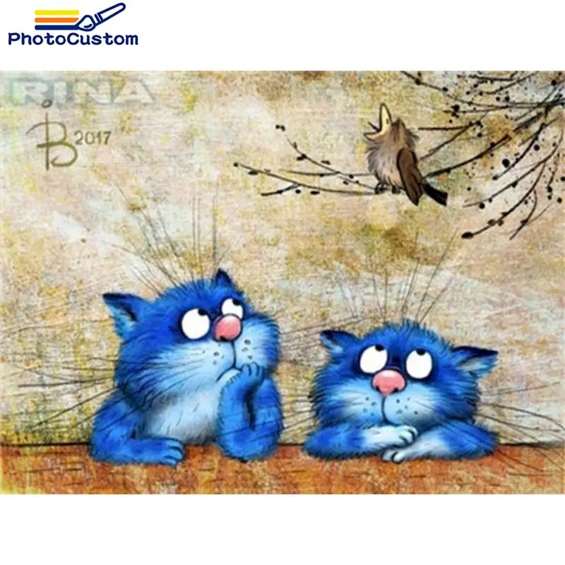 PhotoCustom Two Blue Cat Animal Painting By Numbers Kits For Kids HandPainted Diy Gift 60x75cm Framed Oil Paint Home Decor Photo
