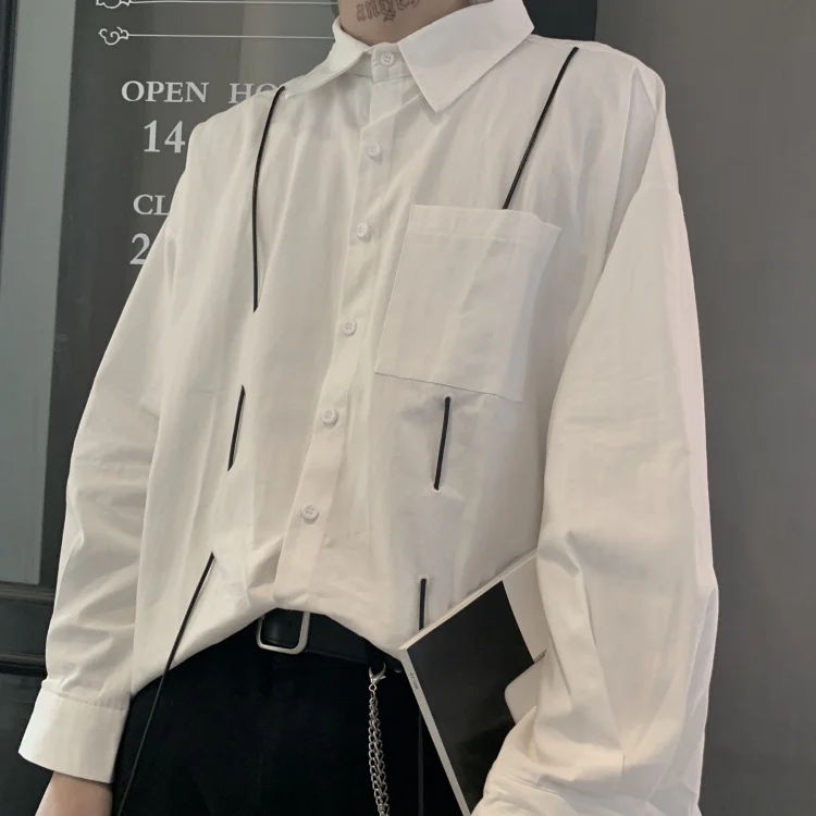 

Korea Unisex womens tops and blouses spring fall long sleeve turn down collar pockets blusas largas oversize Shirts laides