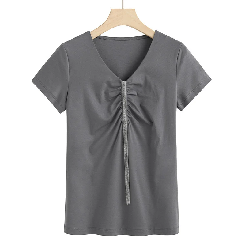 

2021 spring and Summer Cotton Short Sleeve T-Shirt women's advanced wrinkle tassel mercerized cotton Korean v-shirt 6927