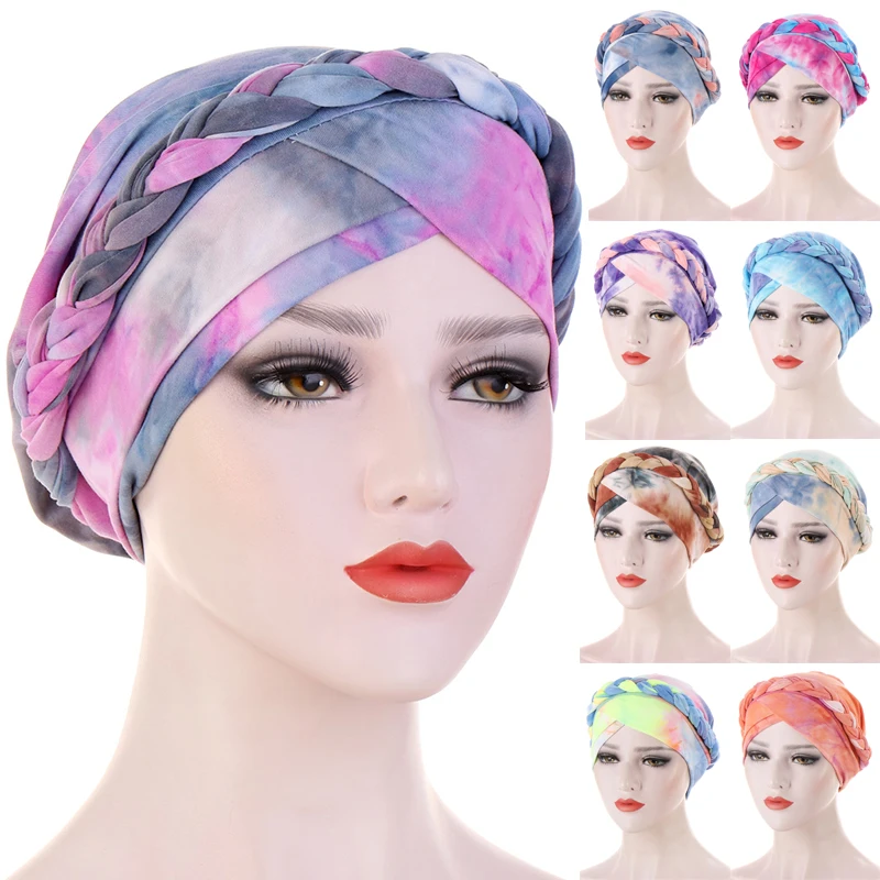 

Tie Dye Braid Wrap Jersey Hijab Muslim Fashion Elastic Headband Forehead Across Islamic Turban Women Easy Cap Chemo Hat Headwrap