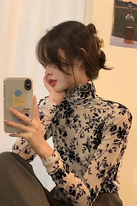 

Long Sleeve Print T-shirt Womens Slim Elasticity Tops Lady Elegant For Women Tee Shirt Vintage Minimalist Turtleneck Top