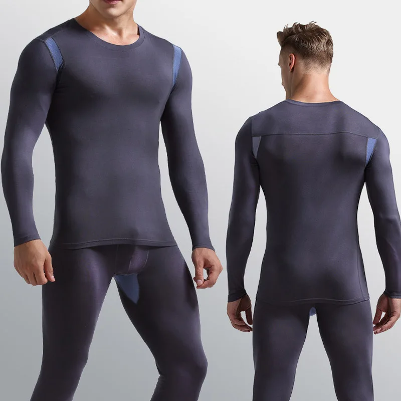 Men Autumn Winter Long Johns Men Thermal Underwear Set Man Sexy Ice Silk Mesh Hollow Penis Pocket Leggings+Tops Suit Male Lounge
