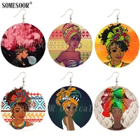 somesoor afrocentric ethnic fabric wooden drop earrings african headwrap woman bubble girl black art printed for women gifts