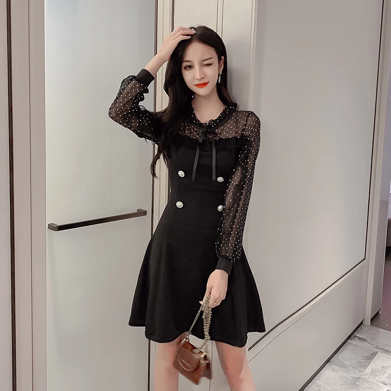 

Autumn Ruffles Chiffon patchwork Dress 2020 office Style New Fashion Long Sleeve Bow A-line Party Dresses Sundress Vestidos