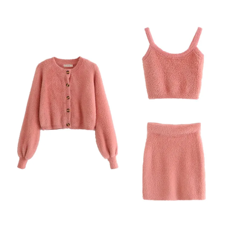 

Knit sweater women vintage cropped cardigan long sleeve o neck tops pink kawaii crop top high waist skirt mini 3 piece set women