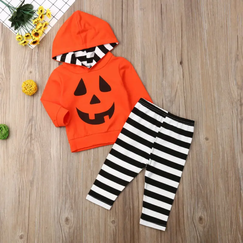 2019 Baby Autumn Winter Clothing Toddler Girl Boy Halloween Clothes Pumpkin Hooded Tops Stripe Long Pants 2Pcs Set Outfits | Детская