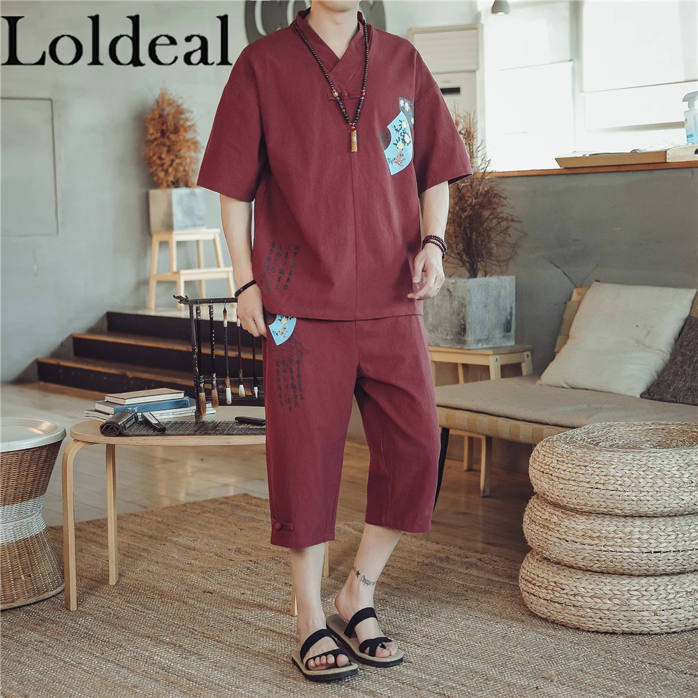 

Loldeal Chinese Style Short-sleeved T-shirt Set Men Cotton and Linen Casual Retro Printing Hanfu + Cropped Pants