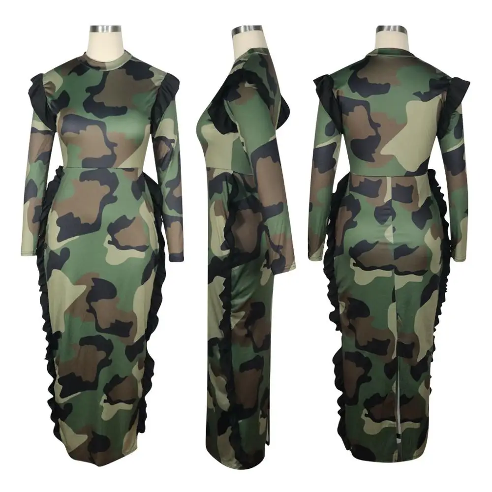 

Ruffles Elegant Party Night Long Dresses Leopard Camouflage Print Bodycon Winter Dress Women Club Sexy Slim Vestidos Plus Size