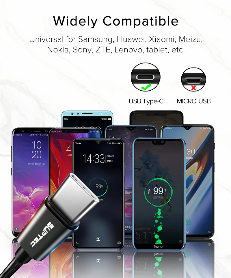 SUPTEC usb type-C кабель 3A Быстрая зарядка кабель для передачи данных Быстрая зарядка 3,0 type-C кабель для зарядки телефона для samsung S9 S8 huawei Xiaomi