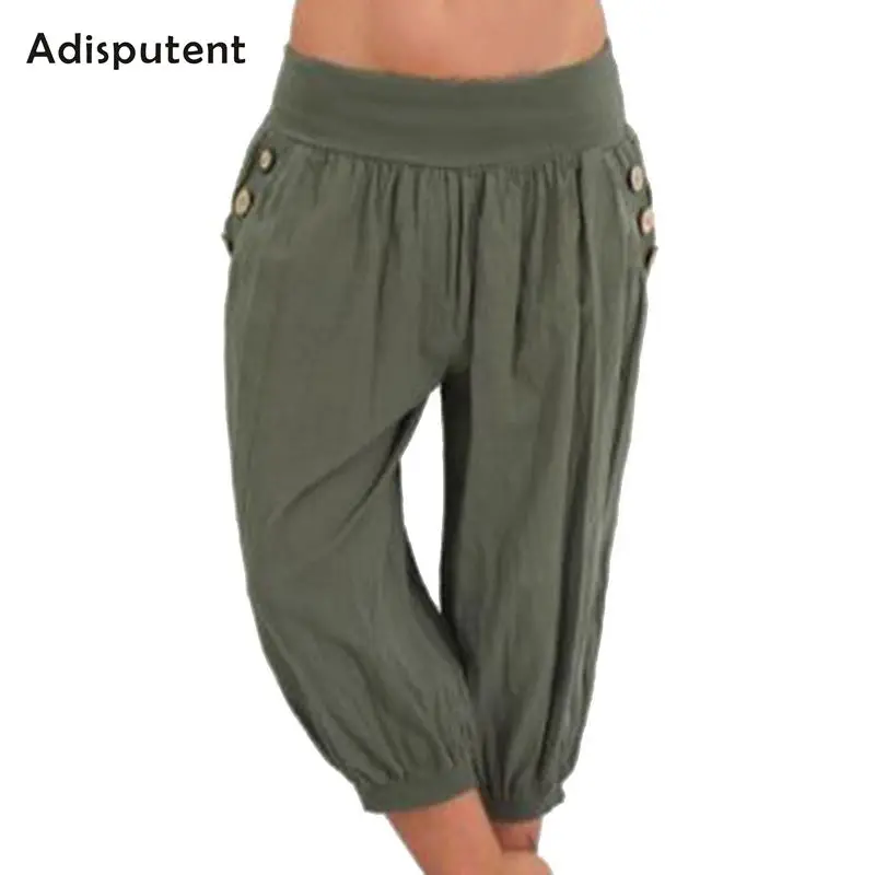 Женские летние однотонные шаровары свободные льняные брюки до колена женские