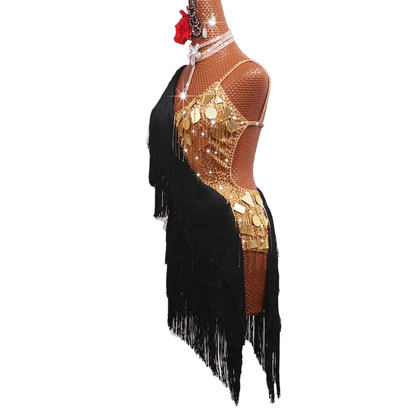 Женское платье для латиноамериканских танцев Золотое Платье с зеркальным