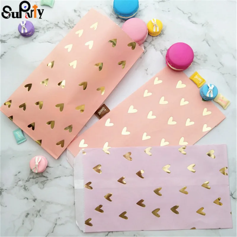 100 шт Румяна розовые бумажные сумки Золотые Фольга Сердце вечерние Подарочные