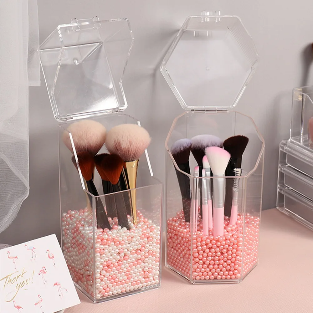 

Transparent Makeup Brush Container Cosmetic Organizer Clear Acrylic Storage Box Lipstick Display and White Pink Imitation Pearl