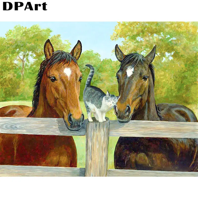 Алмазная живопись полноразмерная/круглая вышивка лошади и кот 5D Вышивка