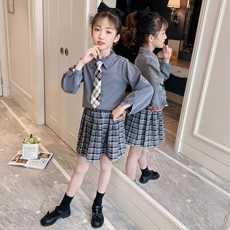 Spring Blazer Clothes For Girls 2pcs School Uniforms Suits Necktie Blouse Top+Plaid Skirt Children's Suits 4 6 8 10 12 13 Years