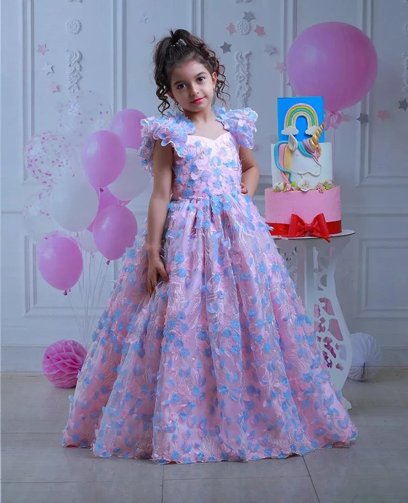 

Милое длинное платье с цветочным рисунком для девочек, свадебное цветочное кружевное платье с аппликацией для девочек на день рождения, пыш...