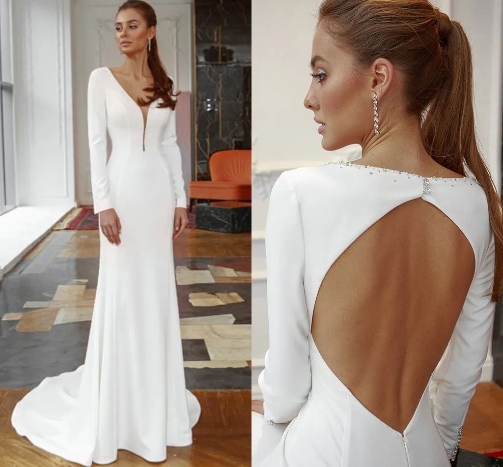 

Sexy V Neck Backless BBeading Mermaid Wedding Dresses Simple 2021 Long Train New Satin Bridal Gowns Vestidos Mariage