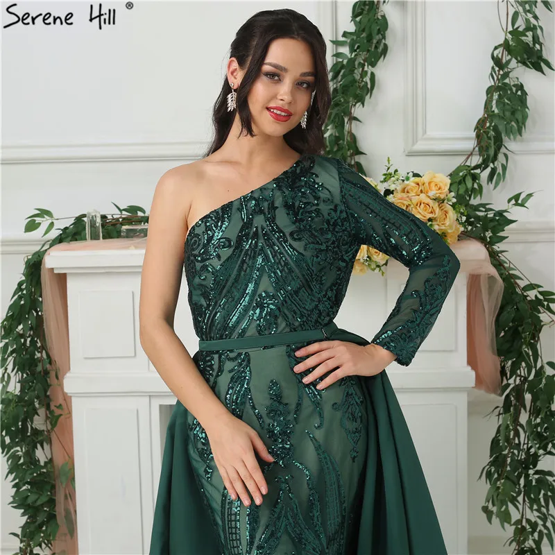 Зеленые Вечерние платья на одно плечо с длинными рукавами и блестками роскошные