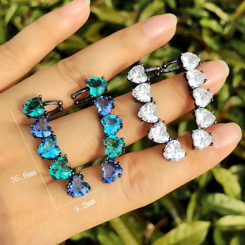 

Multicolor Heart Shaped Stud Earrings For Women With Green Crystal Glass stone clip on Earrings white Zirconia Ear Cuff Jewelry