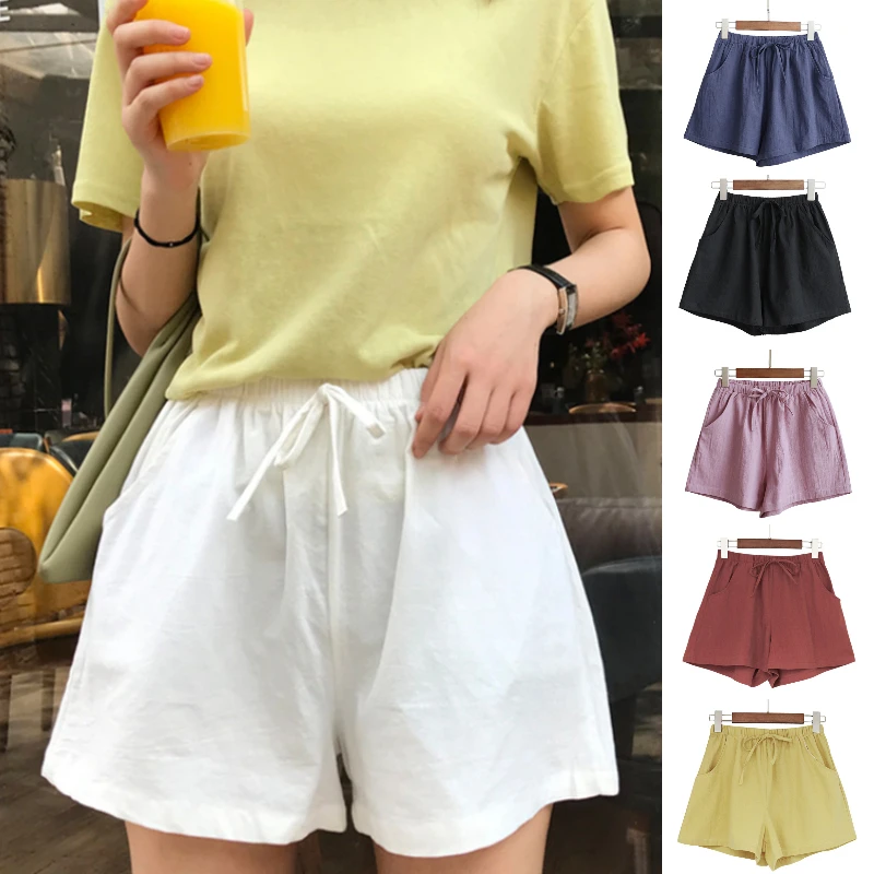 

2020 Summer Short Pants Women New Fashion Female Lace-Up Wide Leg Elastic Wasit Trousers Casual Loose Plus Size Wholesale