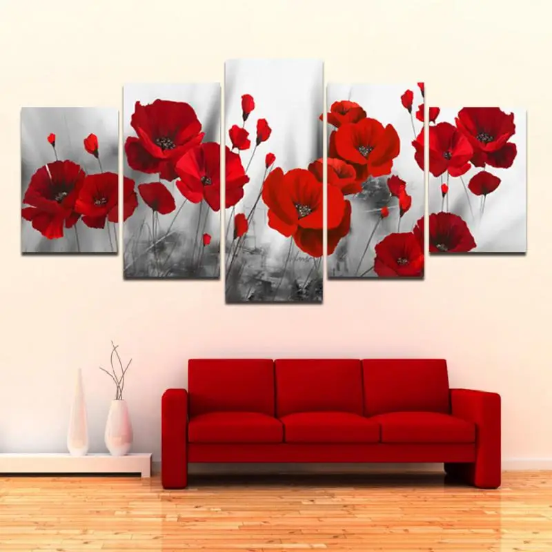 

5Pcs Bright Red Flowers Decoration Canvas Painting Home Living Room Decoration Frameless Style Can Be Customized