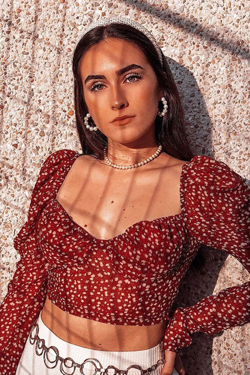 

New Sexy Womens Polka Dot Long Puff Sleeve Blouses Slim Fit Shirt Fashion Women Floral Print Blouse Crop Top Sexy V-neck Top