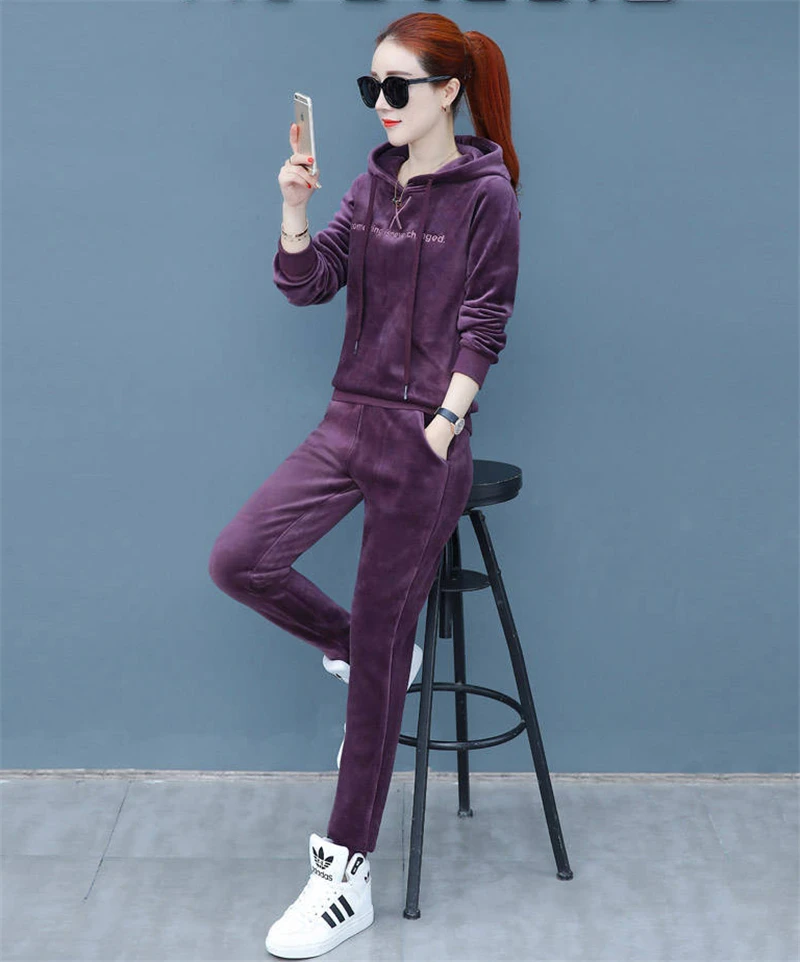Matching Sets Autumn Plus Size Casual Loose Velvet Tracksuits 2 Pieces Set Women High Elastic Hooded Sweatshirts And Harem Pants