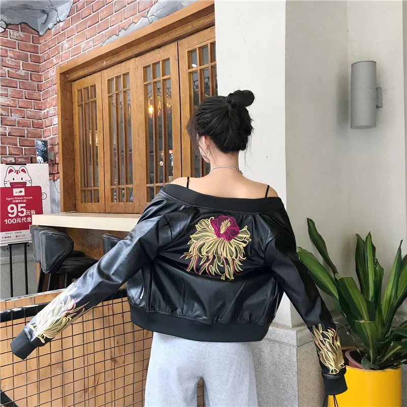 

Jeyzy-Chaqueta corta de cuero sintético para mujer, abrigo con estampado bordado de motocicleta, estilo Punk, prendas de