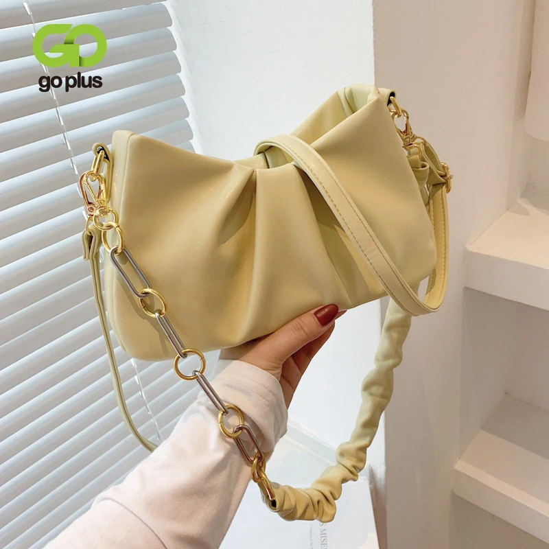 

GOPLUS Metal Chain PU Cloud Bag for Women 2021 Summer Simple Ladies Brand Purses Crossbody Solid Color Pleated Travel Hand Bag