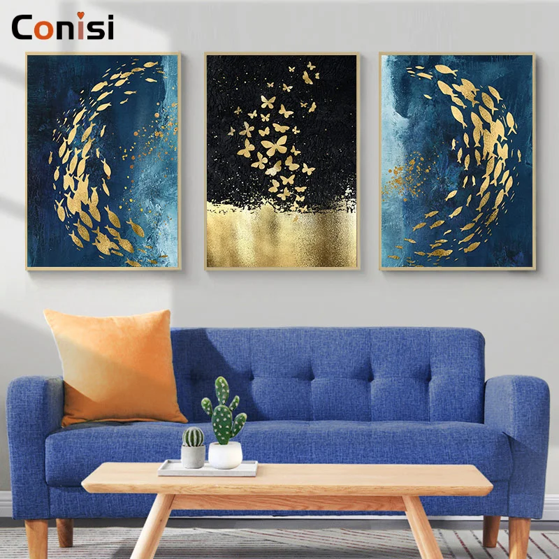 

Conisi Deep Sea Golden Fish Canvas Posters And Prints Symmetrical Abstract Wall Art Canvas Painting Wall Pictures for Livingroom