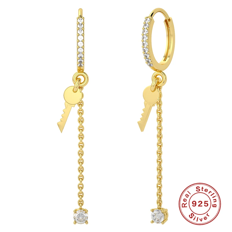 

100% Real 925 Sterling Silver Drop Earrings Bone Key Chain Zircon Pendant Earrings For Women Wedding Jewelry Dangle Earring