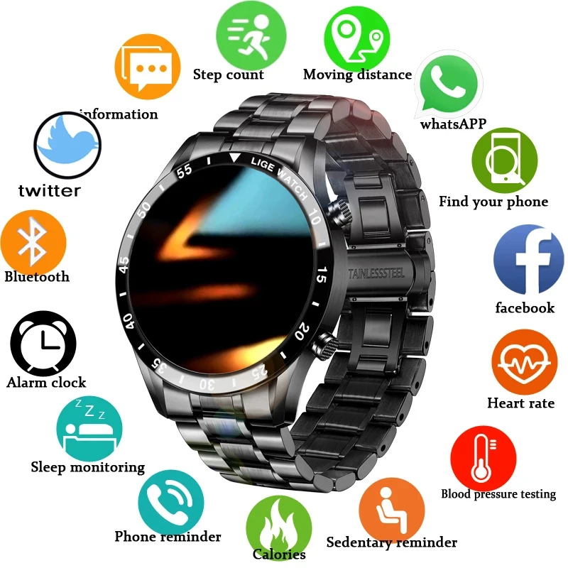 

Смарт-часы LIGE мужские с Bluetooth, фитнес-трекером и тонометром