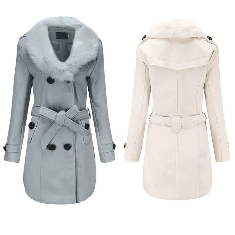 

Womens Grey Woolen Coats Winter Girls Faux Fur Collar Windbreaker Double Sided Female Long Blend Coat Plus Size 4xl 5xl Overcoat