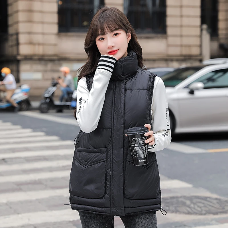 

Nice Woman's Solid Sleeveless Winter Vest Stand Down Collar Casual Female Cotton Padded Waistcoat Warm Puffer Zipper Vest Jacket